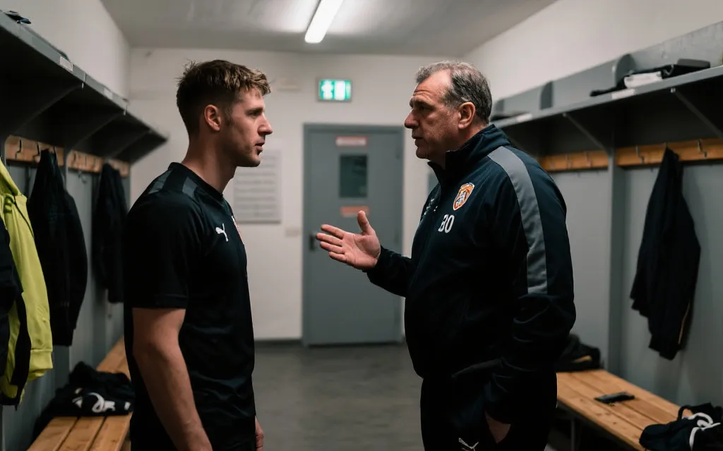 更衣室内赛前安静时刻，教练与球员沟通，世界杯备战氛围