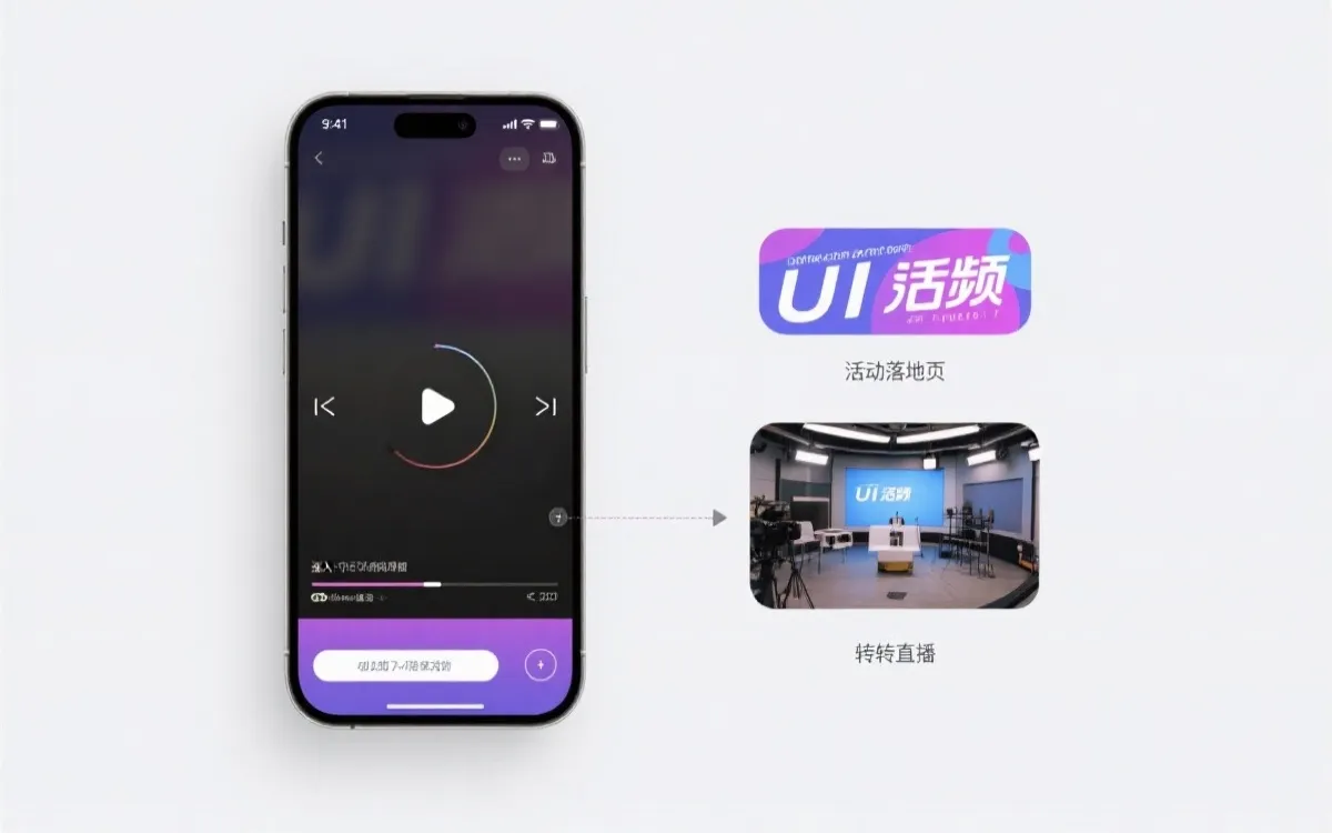 手机端短视频到电商落地页再到直播间的转化路径示意